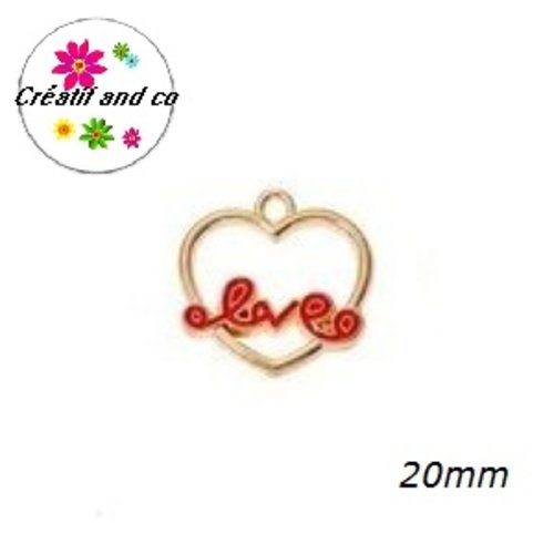 Breloque coeur dorée love émail rouge 20mm