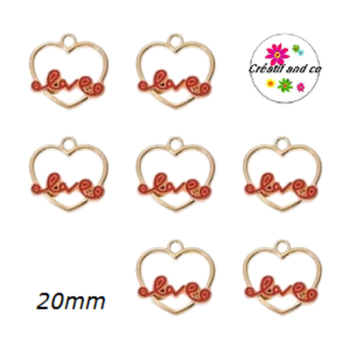 Breloque coeur dorée love rouge émail 20mm