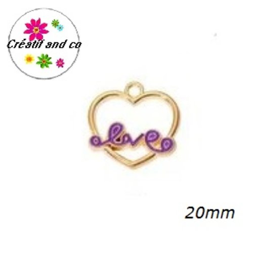 Breloque coeur dorée love émail mauve 20mm