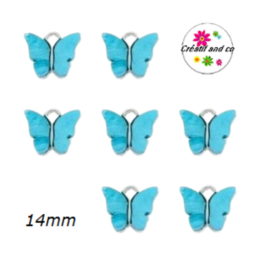 Breloque papillon métal et nacre bleu 14mm
