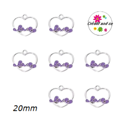 Breloque coeur argenté love mauve émail 20mm