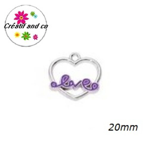 Breloque coeur argenté love émail mauve 20mm