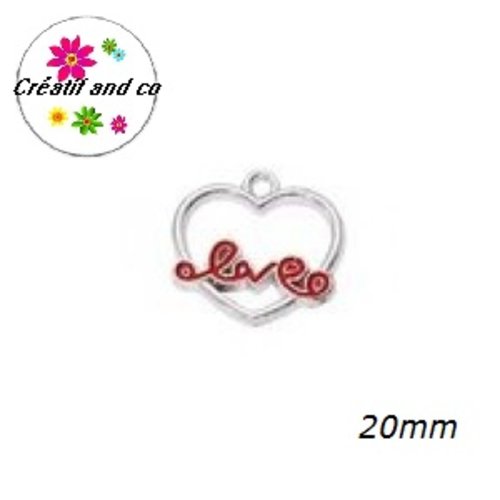 Breloque coeur argenté love émail rouge 20mm