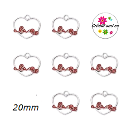 Breloque coeur argenté love rouge émail  20mm