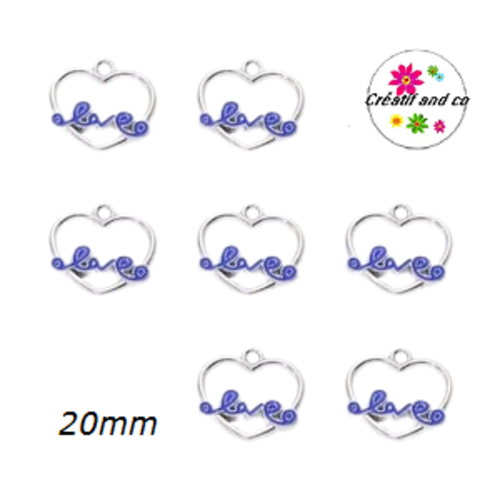 Breloque coeur argenté love bleu émail  20mm