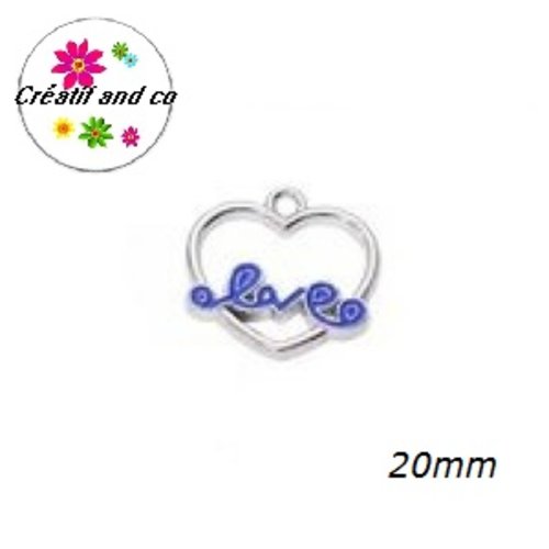 Breloque coeur argenté love émail bleu 20mm