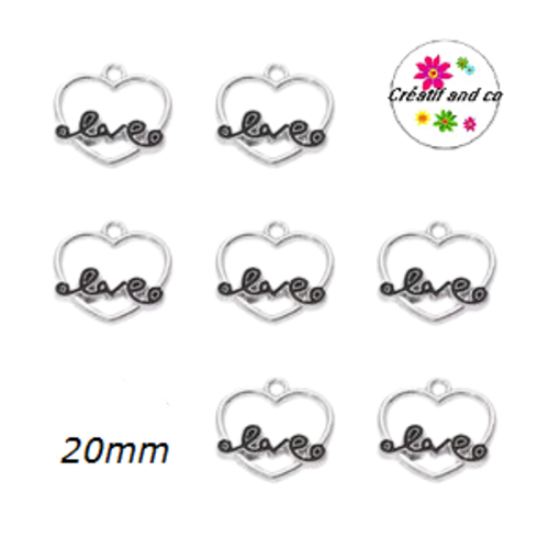 Breloque coeur argenté love noir émail 20mm