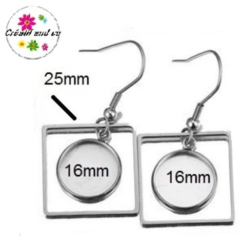 Boucle d'oreille acier inoxydable carrée pour cabochon 16mm