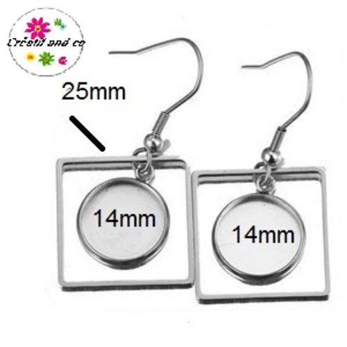 Boucle d'oreille acier inoxydable carrée pour cabochon 14mm