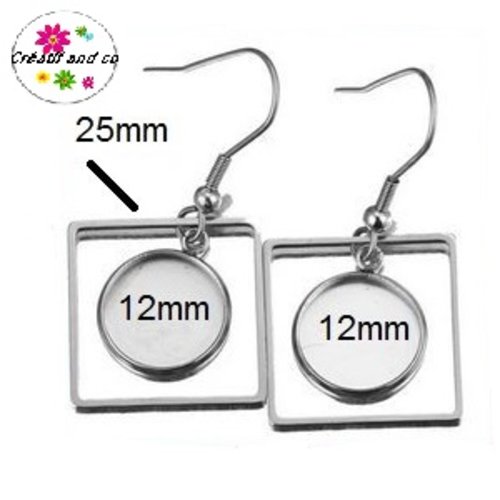 Boucle d'oreille acier inoxydable carrée pour cabochon 12mm