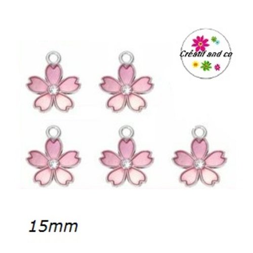 Breloque fleur rose émail 15mm