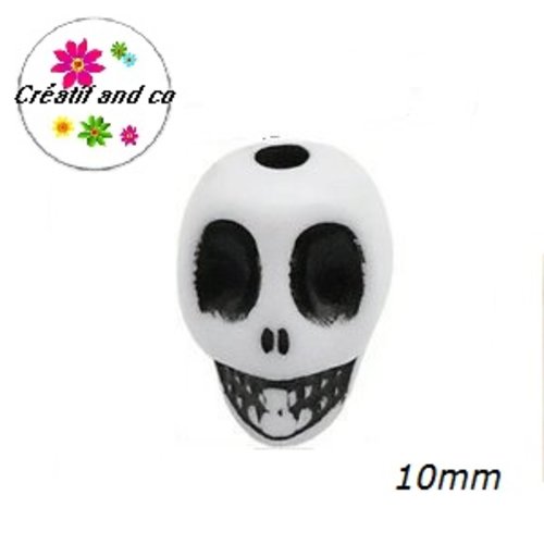 X10 perles tête de mort blanche/noire 10mm