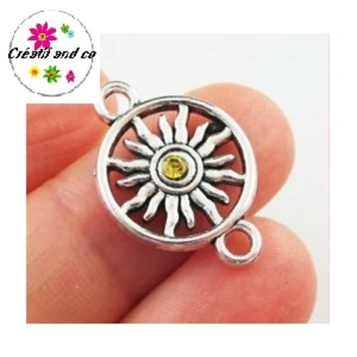 Connecteur cercle motif tournesol strass central jaune 23mm