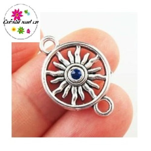 Connecteur cercle motif tournesol strass central bleu roi  23mm