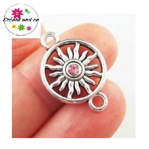 Connecteur cercle motif tournesol strass central rose 23mm