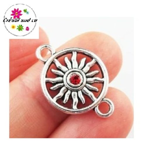 Connecteur cercle motif tournesol strass central rouge 23mm