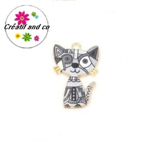 Breloque chat blanc/gris/noir émail  30mm