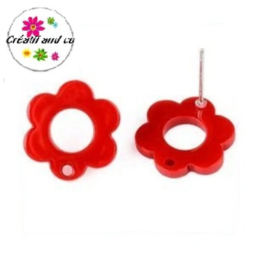 Clou oreille fleur rouge acrylique et tige argent 925