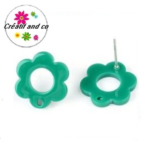 Clou oreille fleur verte acrylique et tige argent 925