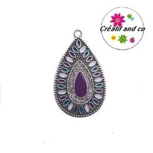 Grand pendentif goutte émail style bohème 36mm