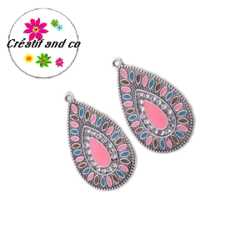 Grand pendentif goutte émail style bohème 36mm