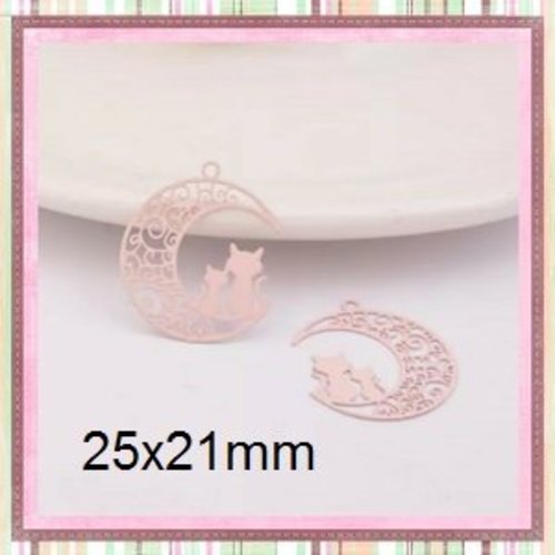 Breloque estampe duo de chat sur croissant de lune rose 25mm