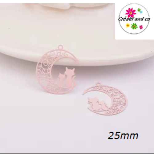 Breloque estampe duo de chat sur croissant de lune rose 25mm