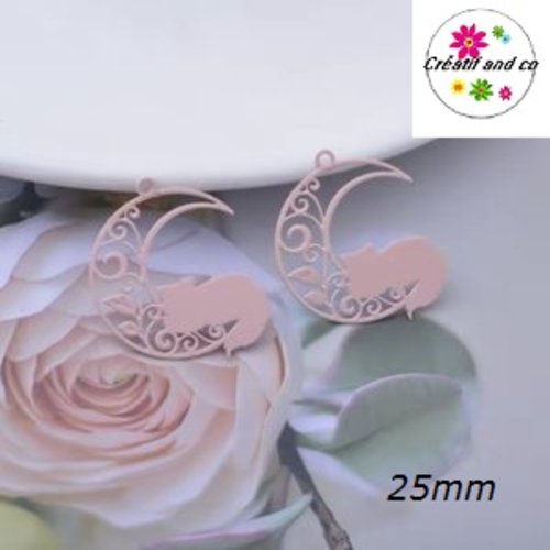 Breloque estampe chat sur croissant de lune rose 25mm