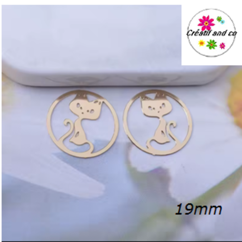 Breloque estampe chat doré dans cercle 19mm