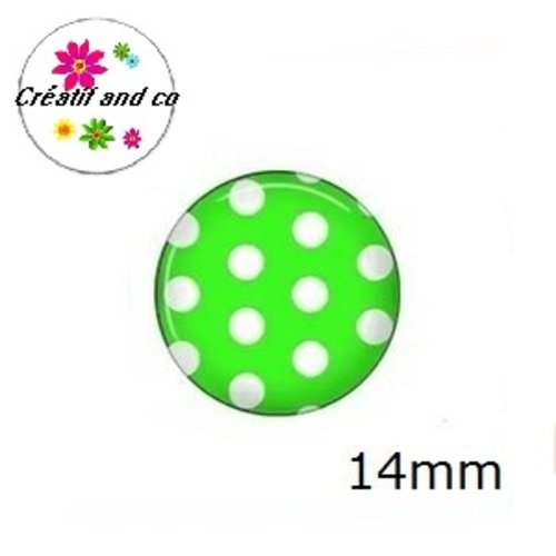 X2 cabochons vert à pois blanc 14mm