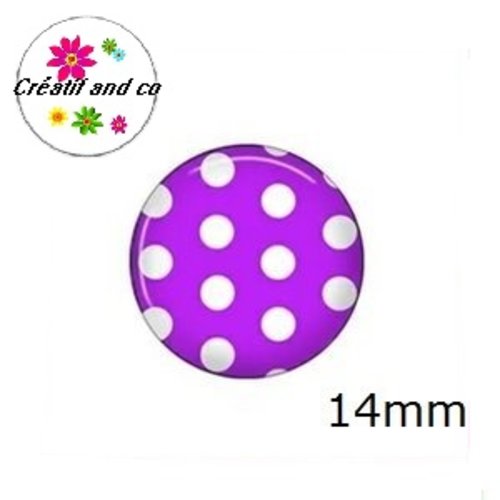X2 cabochons mauve à pois blanc 14mm