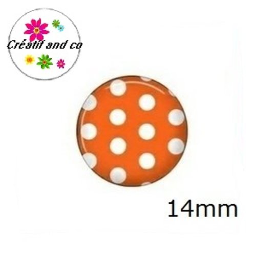 X2 cabochons orange foncé à pois blanc 14mm