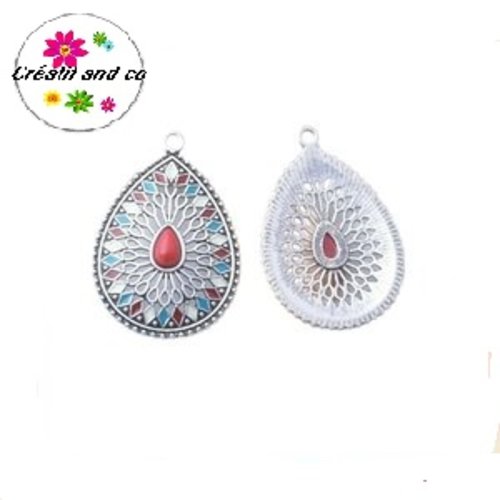Grand pendentif goutte émail style bohème 41mm