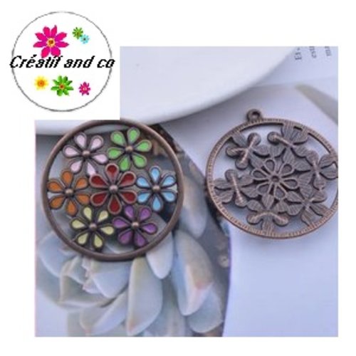 Grand pendentif cercle émail fleuri style bohème 36mm