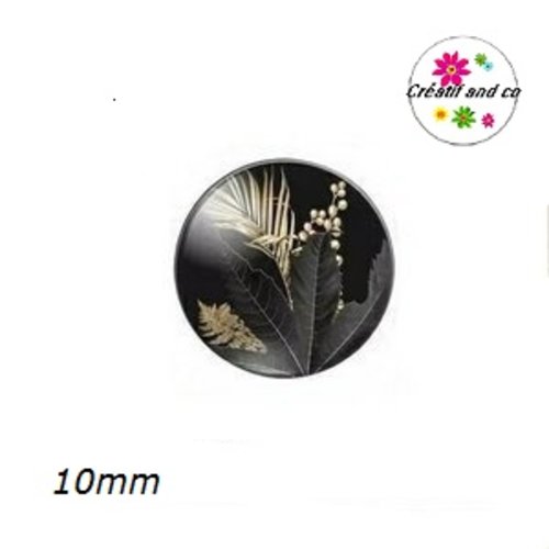 X2 cabochons feuilles dorées fond noir 10mm