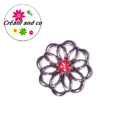 Bouton pression fleur métal et coeur strass rouge