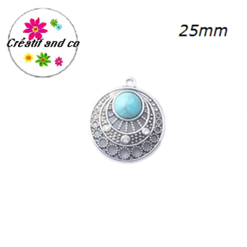 Pendentif base argenté avec strass et cabochon turquoise 25mm