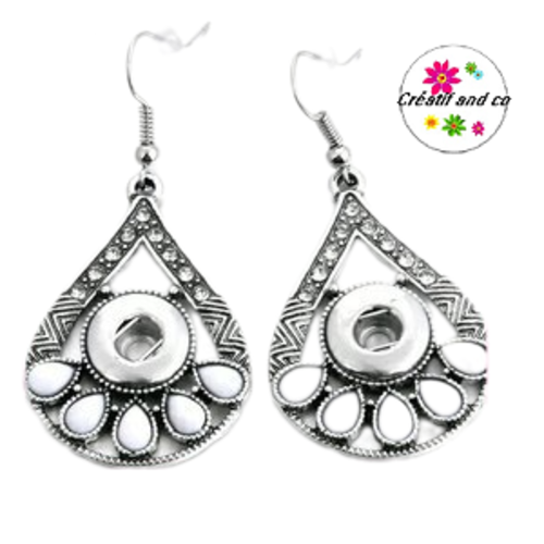 Boucle d'oreille pendante avec strass et cabochon bouton pression 12mm