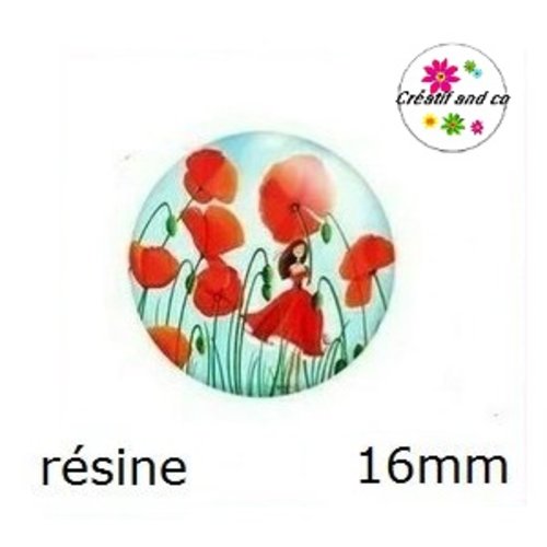 X2 cabochons fille dans champ de coquelicot résine 16mm