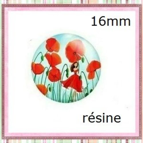 X2 cabochons fille dans champ de coquelicot résine 16mm