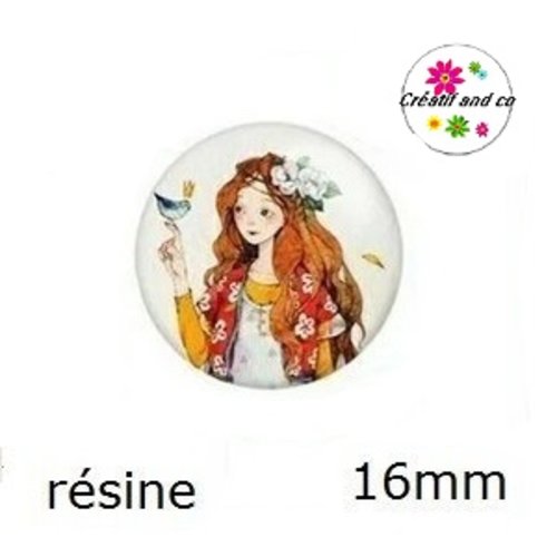 X2 cabochons fille cheveu long résine 16mm