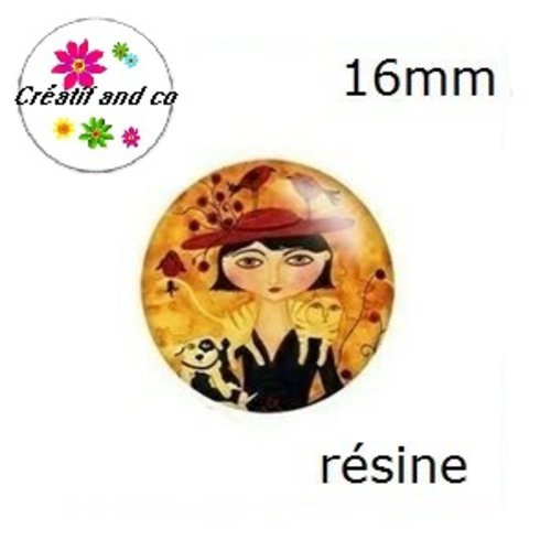 X2 cabochons fille chapeautée résine 16mm