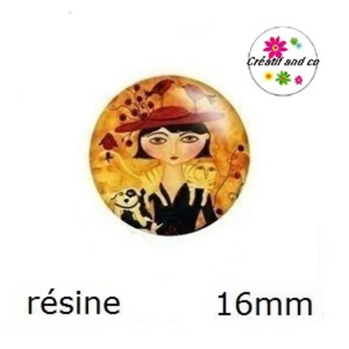 X2 cabochons fille chapeautée résine 16mm