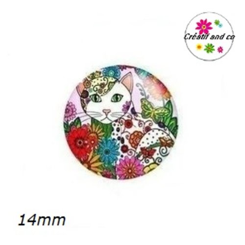 X2 cabochons fleuris et chat blanc 14mm