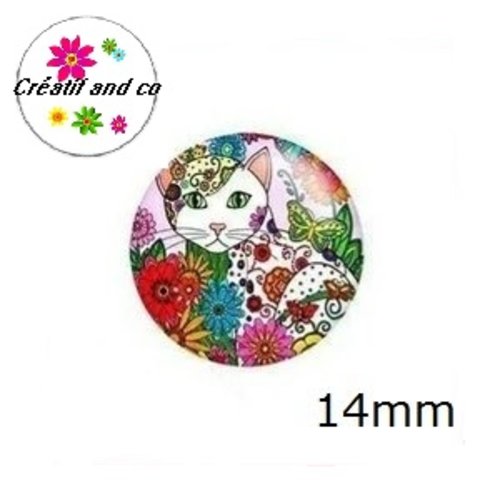 X2 cabochons fleuris et chat blanc 14mm