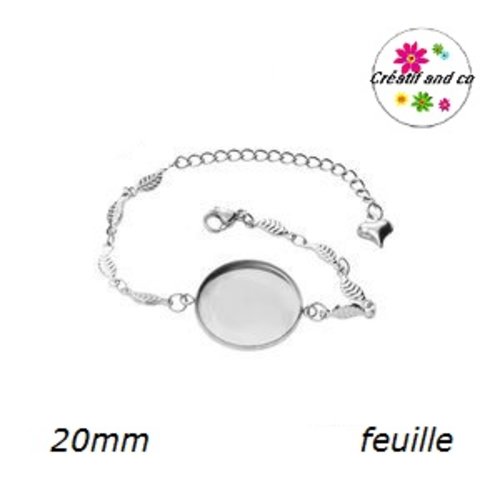 Bracelet feuille acier inoxydable pour cabochon 20mm