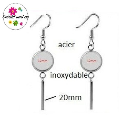 Boucle d'oreille pendante avec tige acier inoxydable cabochon 12mm