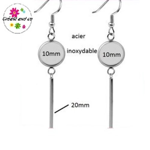 Boucle d'oreille pendante avec tige acier inoxydable cabochon 10mm