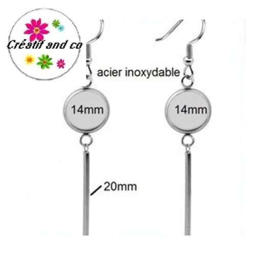 Boucle d'oreille pendante avec tige acier inoxydable cabochon 14mm