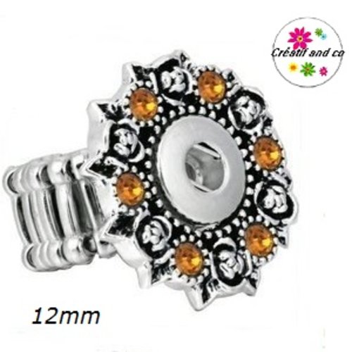 Bague métal argentée et strass ambre pour bouton pression 12mm